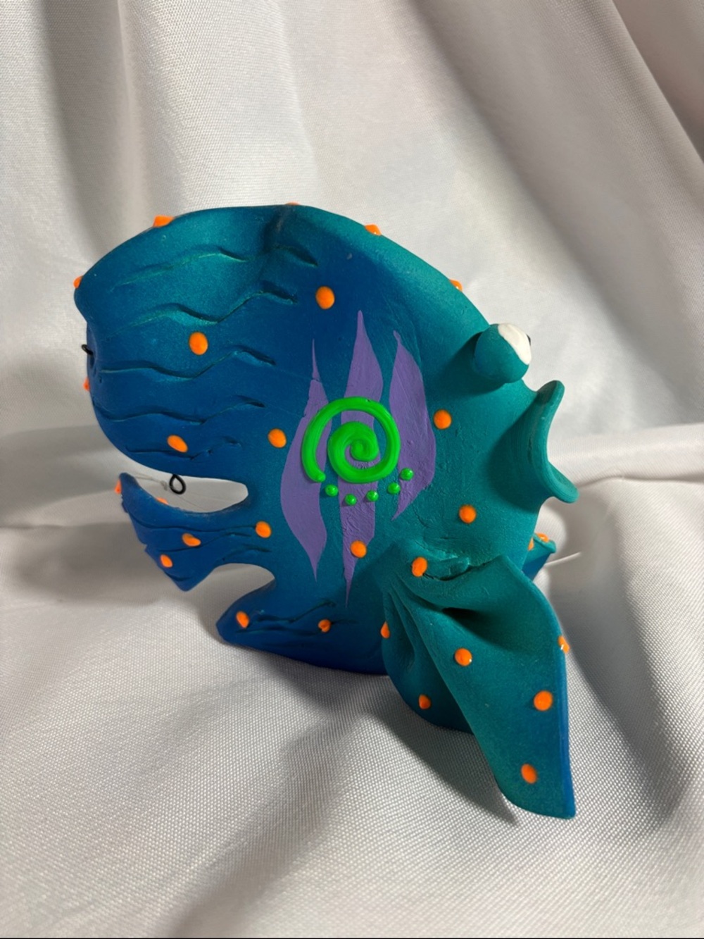 Handpainted Teal Fish Sculpture with Orange Dots